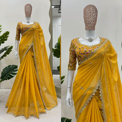 Stylish Designer Yellow Color Tibby Silk Thread With Sequence Work Haldi Wear Saree