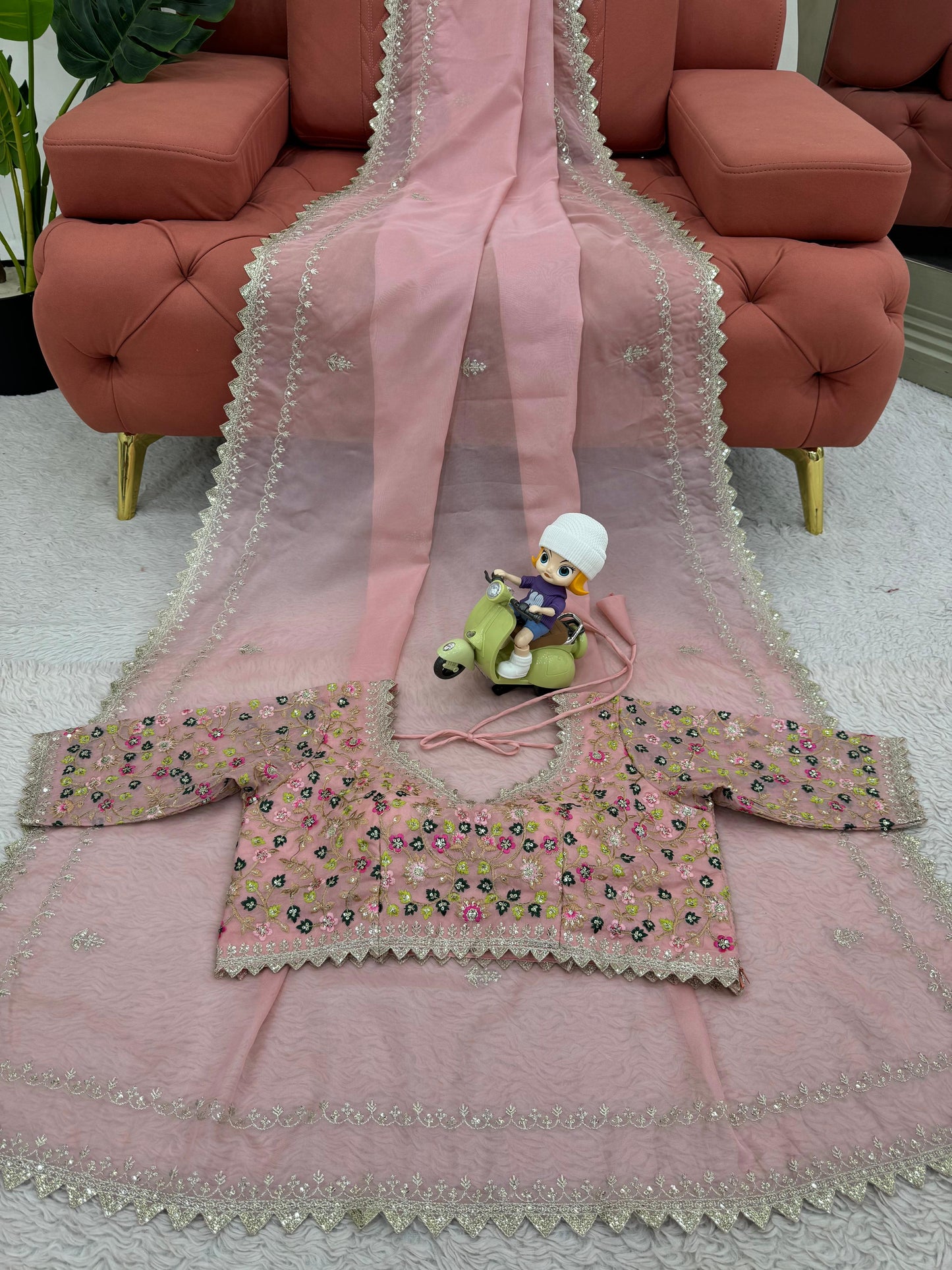 Wedding Wear Peach Color Thread Work Saree
