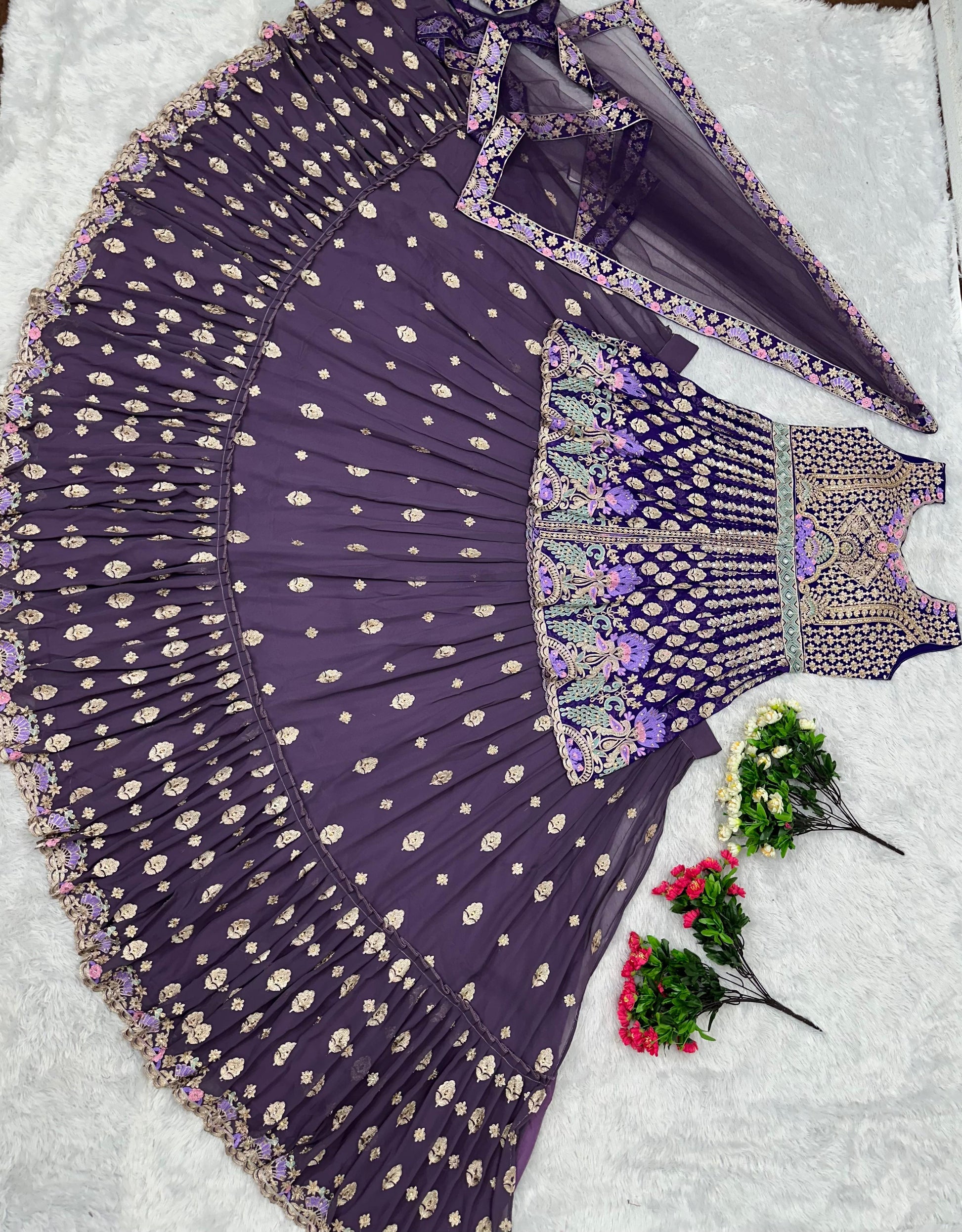 Function Wear Heavy Chine Stitch Work Purple Lehenga With Top