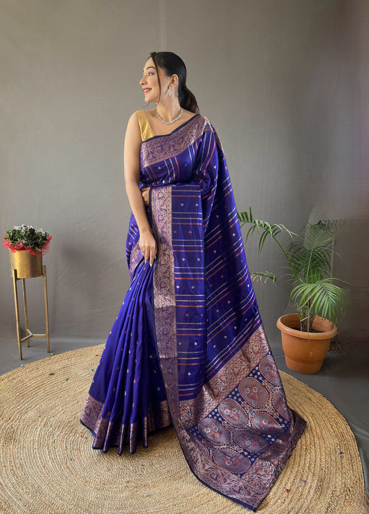 Charming Copper Zari Weaving Blue Color Silk Saree