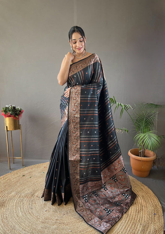 Charming Copper Zari Weaving Black Color Silk Saree
