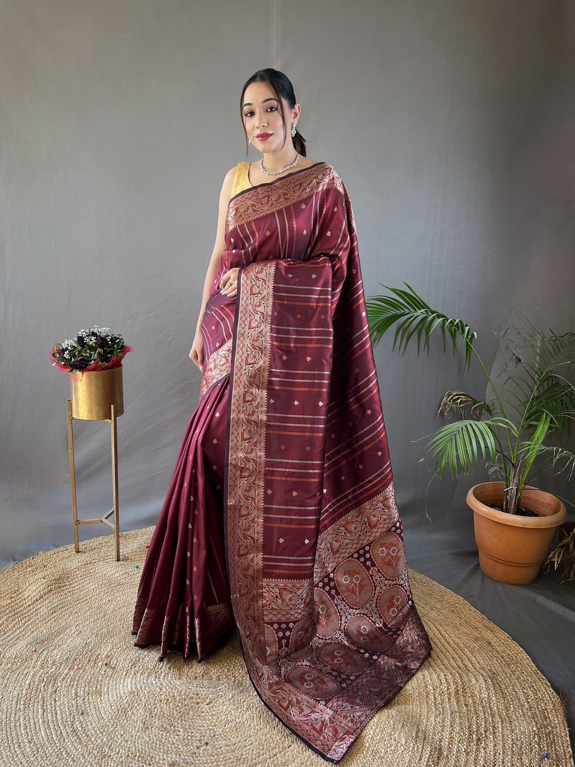 Charming Copper Zari Weaving Maroon Color Silk Saree