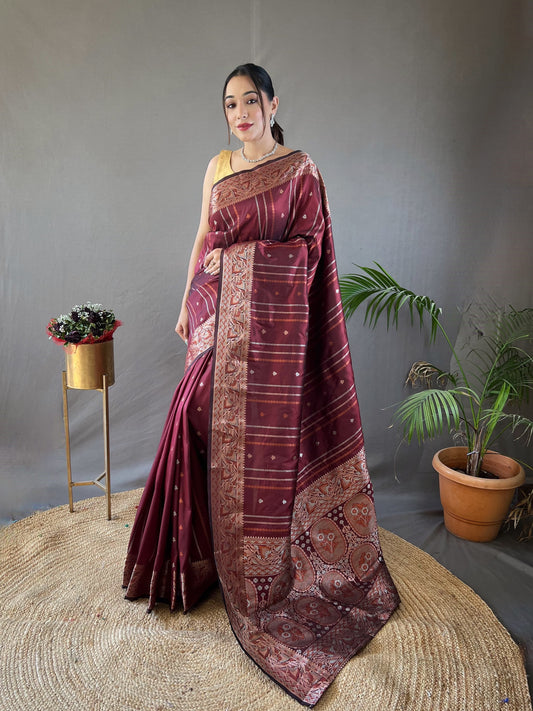 Charming Copper Zari Weaving Maroon Color Silk Saree