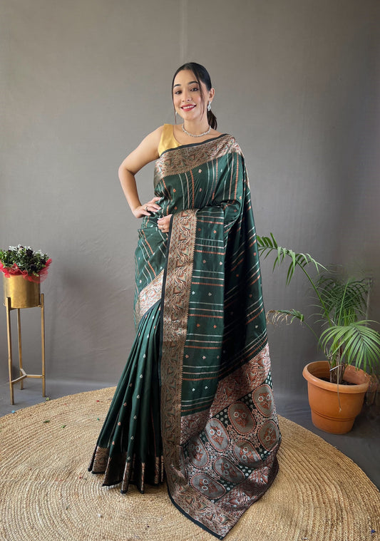 Charming Copper Zari Weaving Green Color Silk Saree