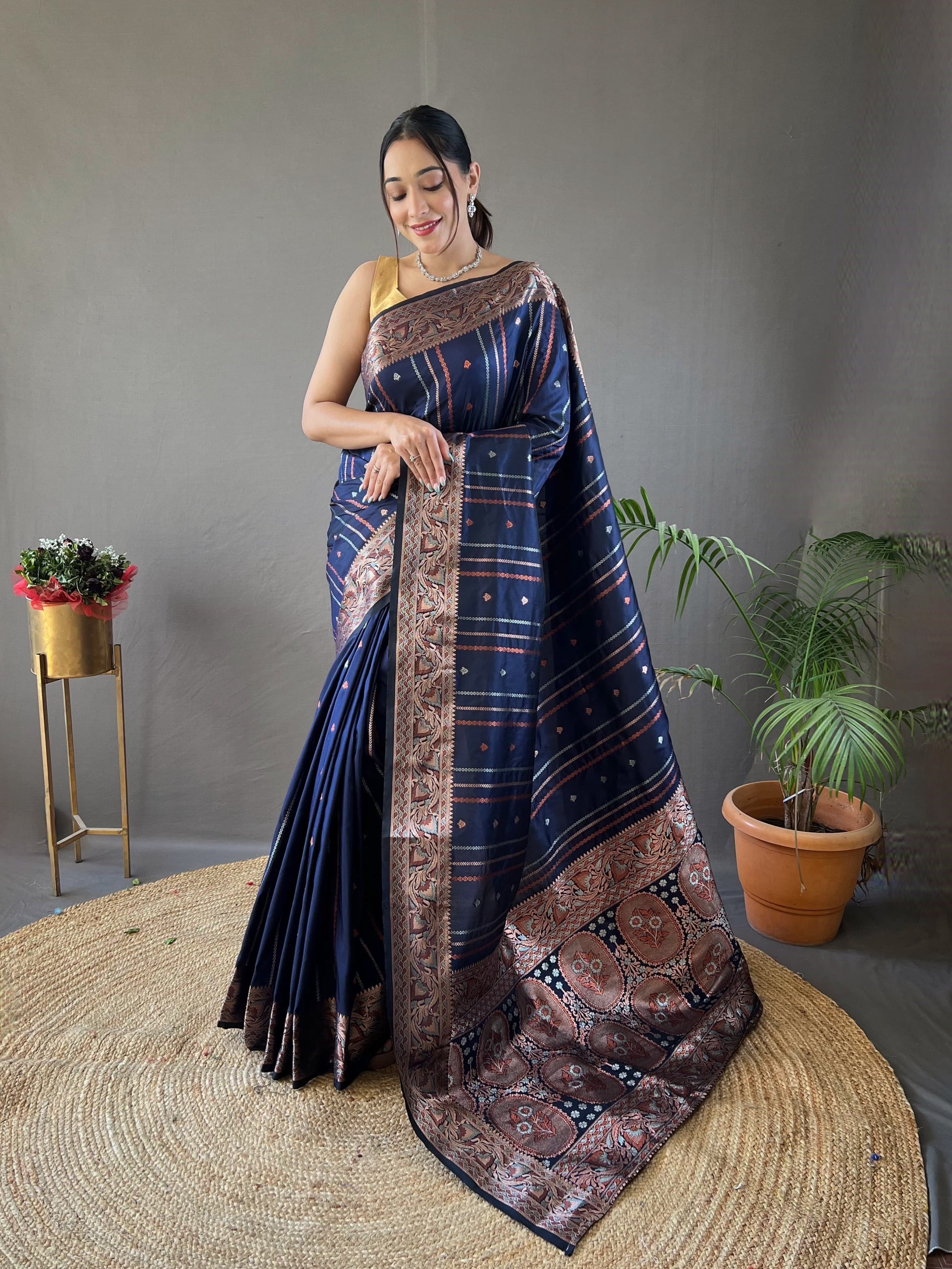 Charming Copper Zari Weaving Navy Blue Color Silk Saree