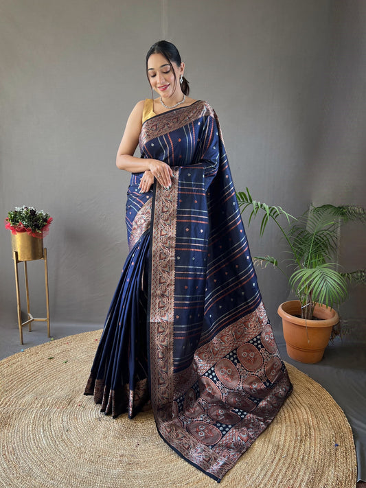 Charming Copper Zari Weaving Navy Blue Color Silk Saree