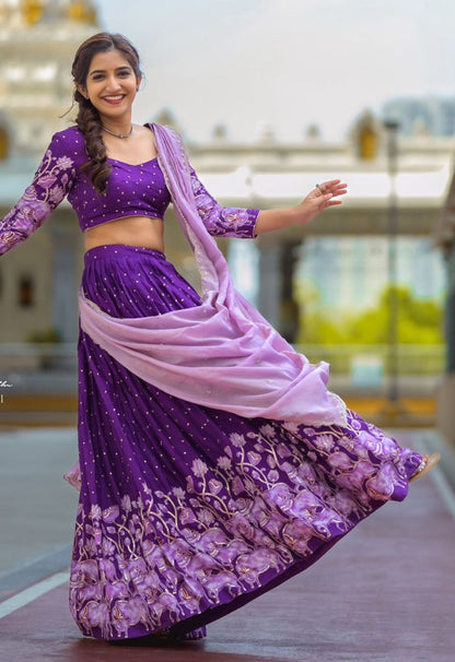 Wedding Wear Purple Color Pure Cotton kalamkari Print Lehenga Choli