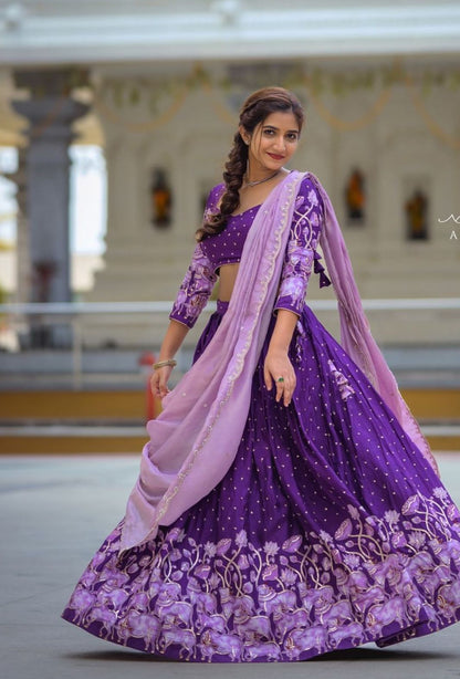 Wedding Wear Purple Color Pure Cotton kalamkari Print Lehenga Choli