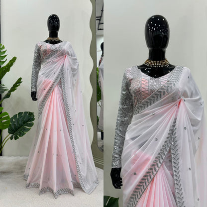 Fashionable Peach Color Georgette Thread Sequence Work Party Wear Saree