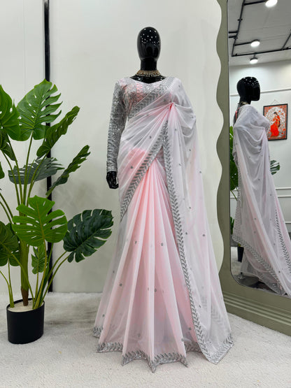 Fashionable Peach Color Georgette Thread Sequence Work Party Wear Saree