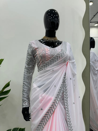 Fashionable Peach Color Georgette Thread Sequence Work Party Wear Saree