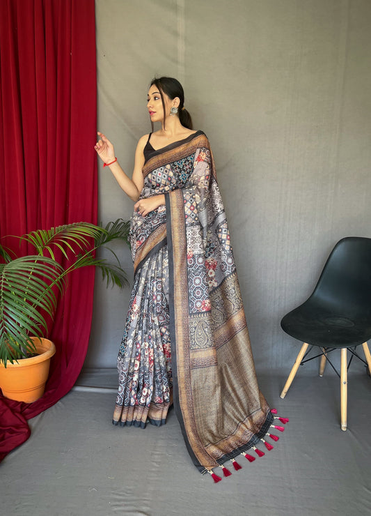 Multi Design With Kashmiri Print Black Border Saree