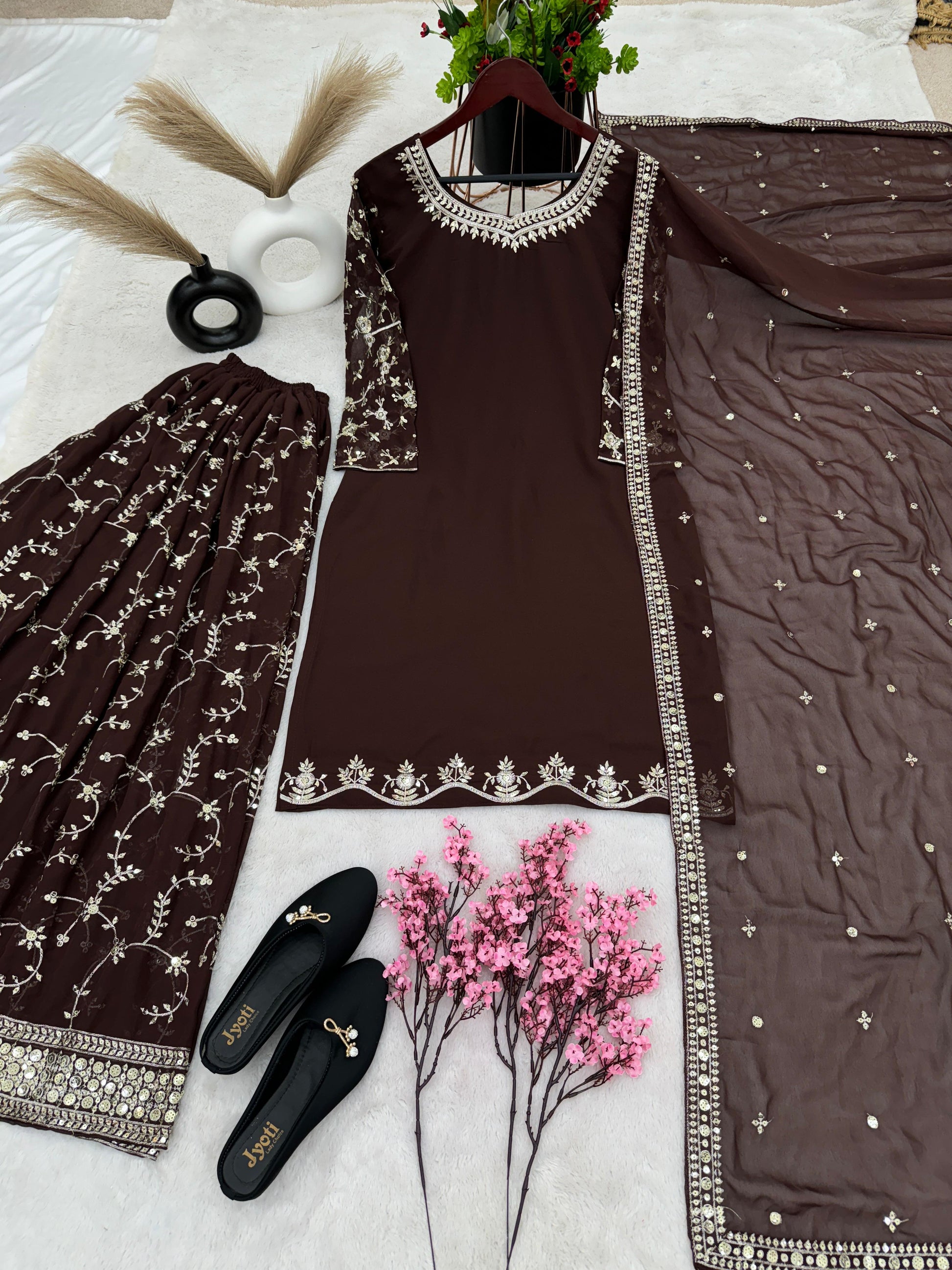 Fantastic Embroidery Sequence Work Brown Color Top With Plazzo Suit