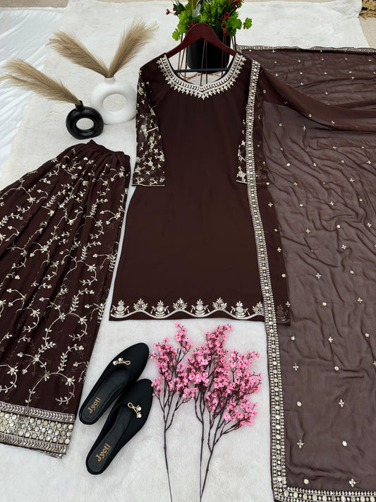 Fantastic Embroidery Sequence Work Brown Color Top With Plazzo Suit