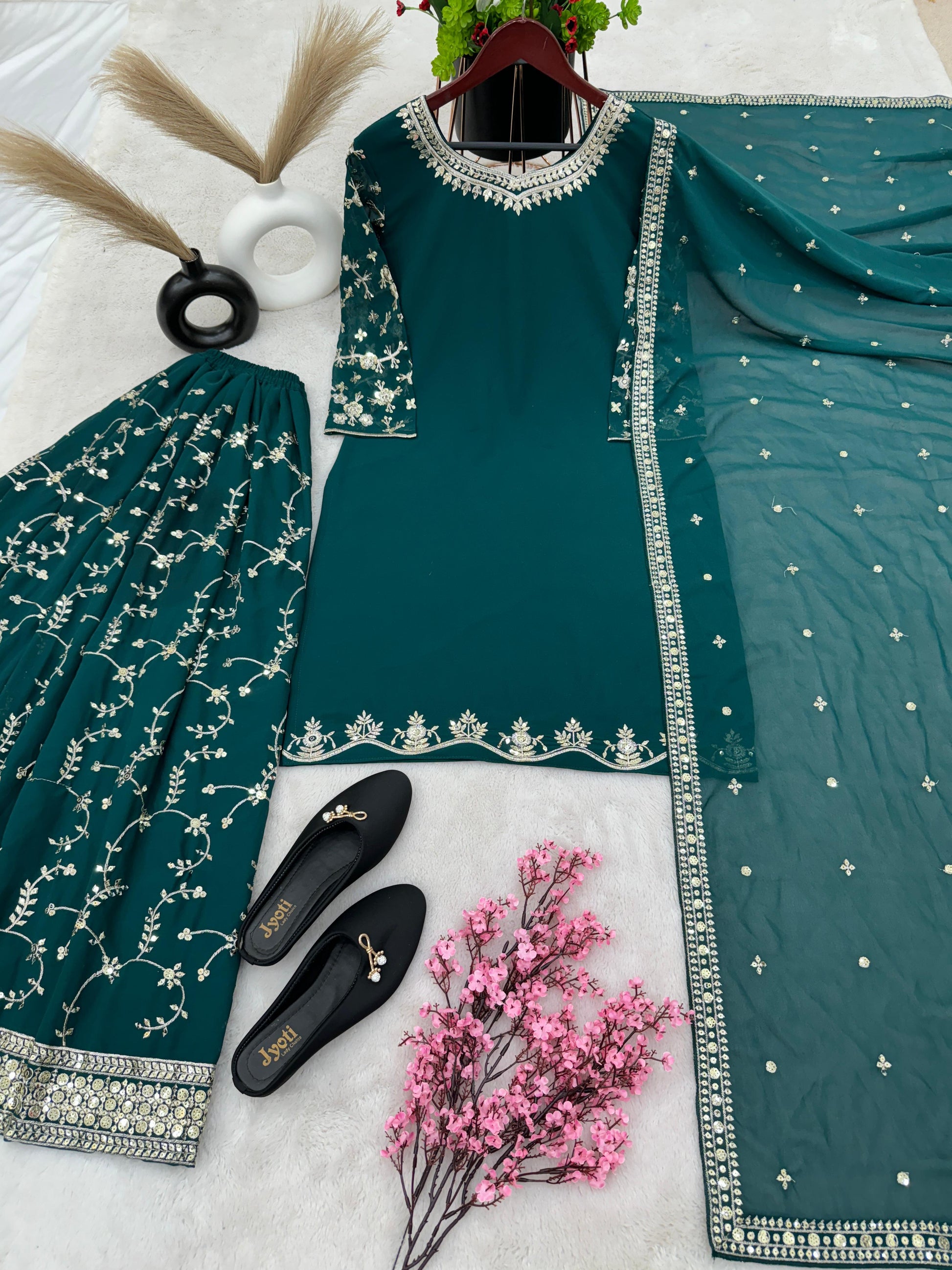 Fantastic Embroidery Sequence Work Teal Blue Color Top With Plazzo Suit