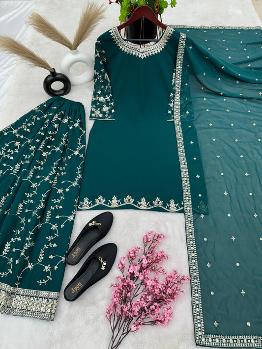Fantastic Embroidery Sequence Work Teal Blue Color Top With Plazzo Suit