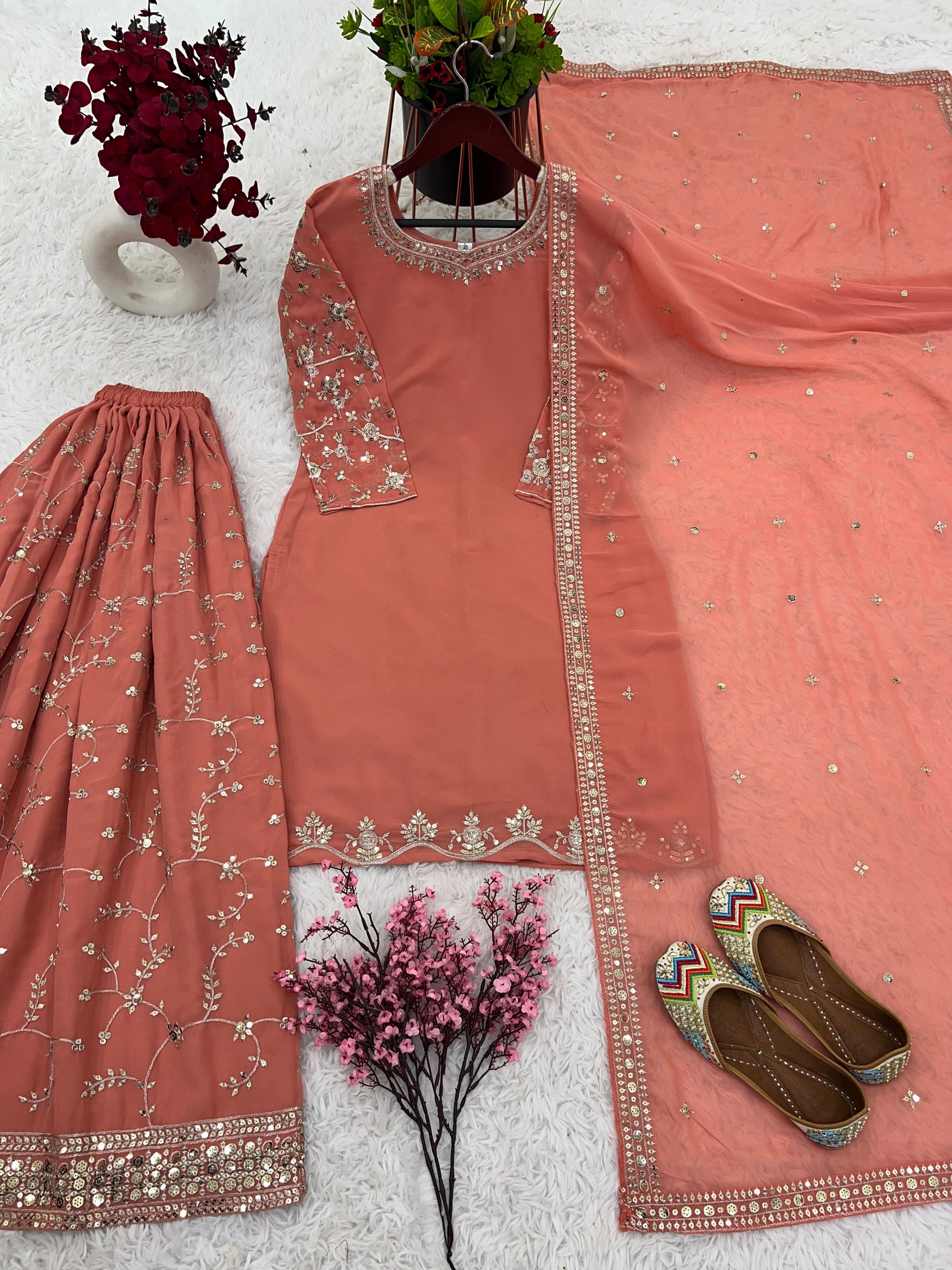 Fantastic Embroidery Sequence Work Peach Color Top With Plazzo Suit