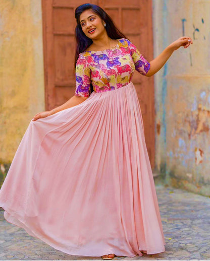 Presenting Kalamkari Print Peach Hand Work Gown