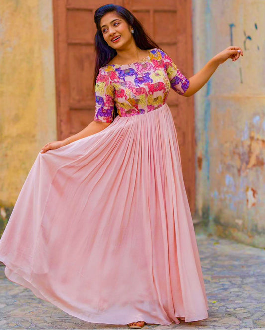 Presenting Kalamkari Print Peach Hand Work Gown