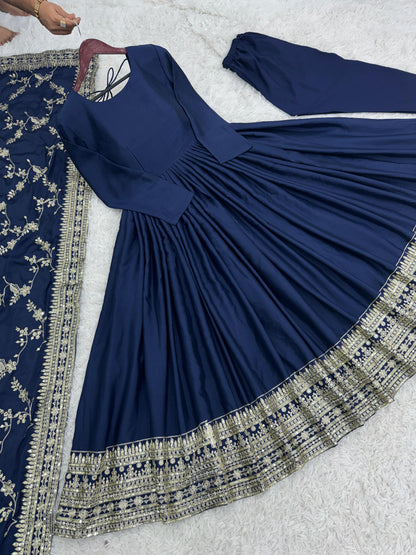 Adorable Embroidery Sequence Work Navy Blue Color Gown