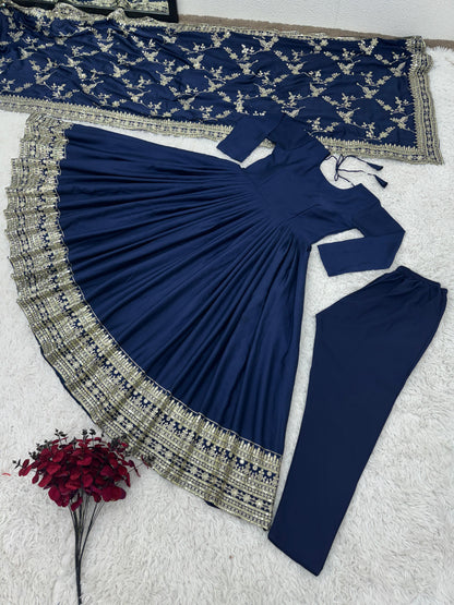 Adorable Embroidery Sequence Work Navy Blue Color Gown