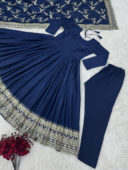 Adorable Embroidery Sequence Work Navy Blue Color Gown