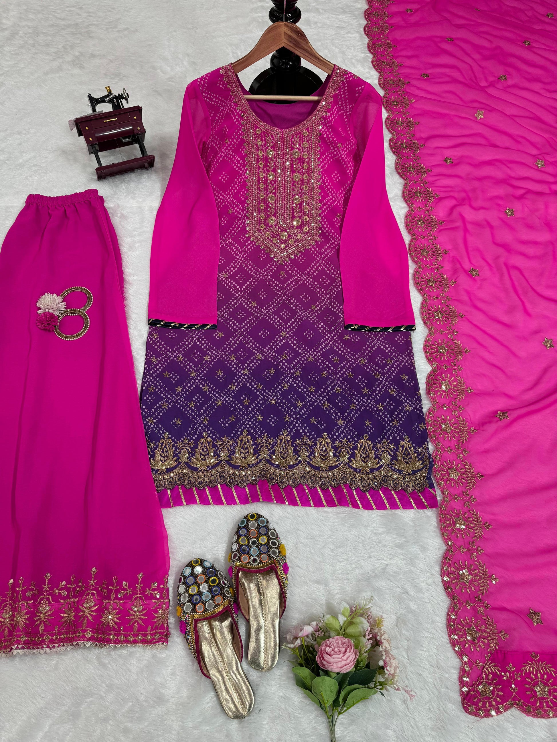Ravishing bandhani Print Pink Double shade Palazzo Suit