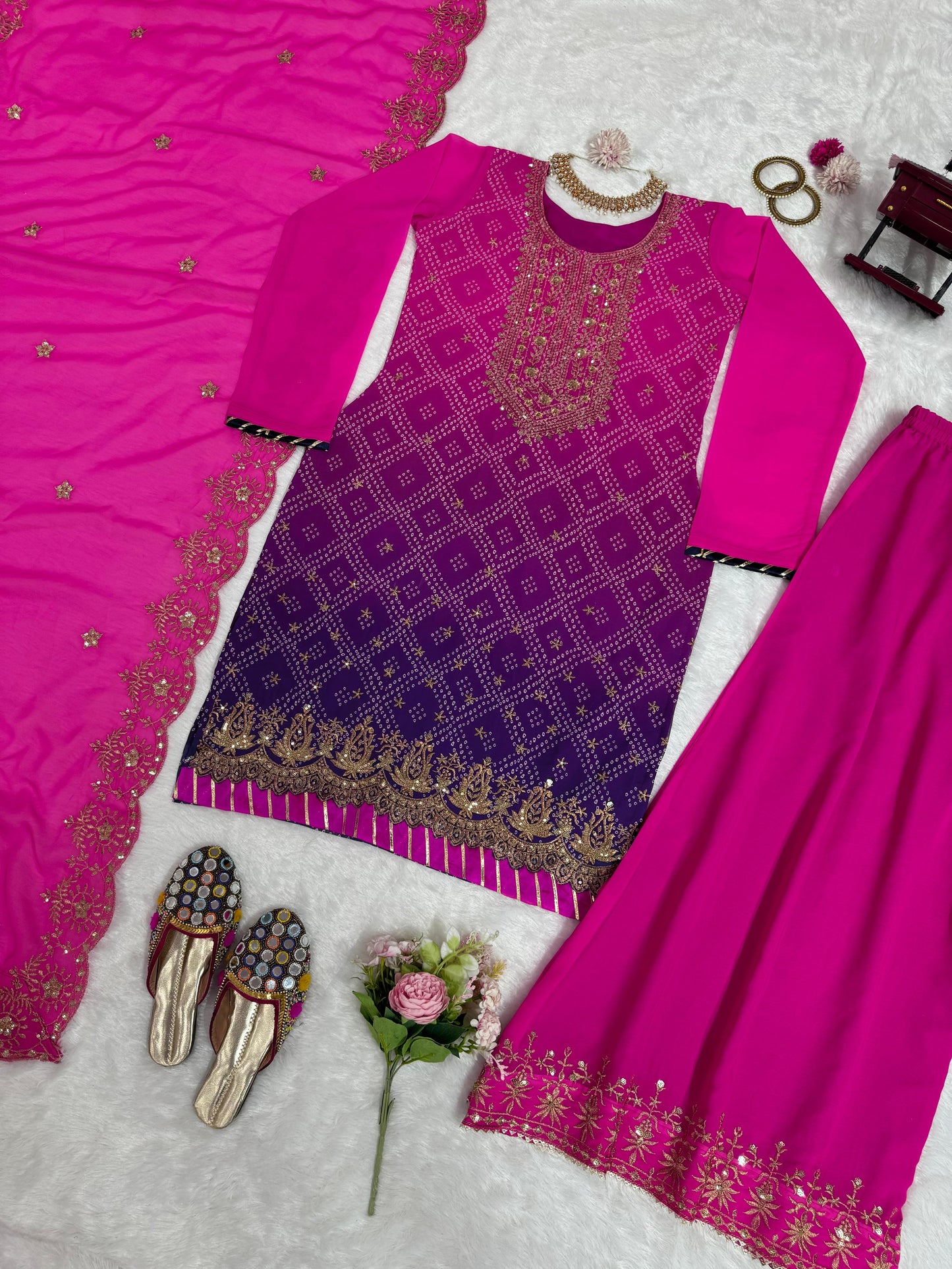 Ravishing bandhani Print Pink Double shade Palazzo Suit