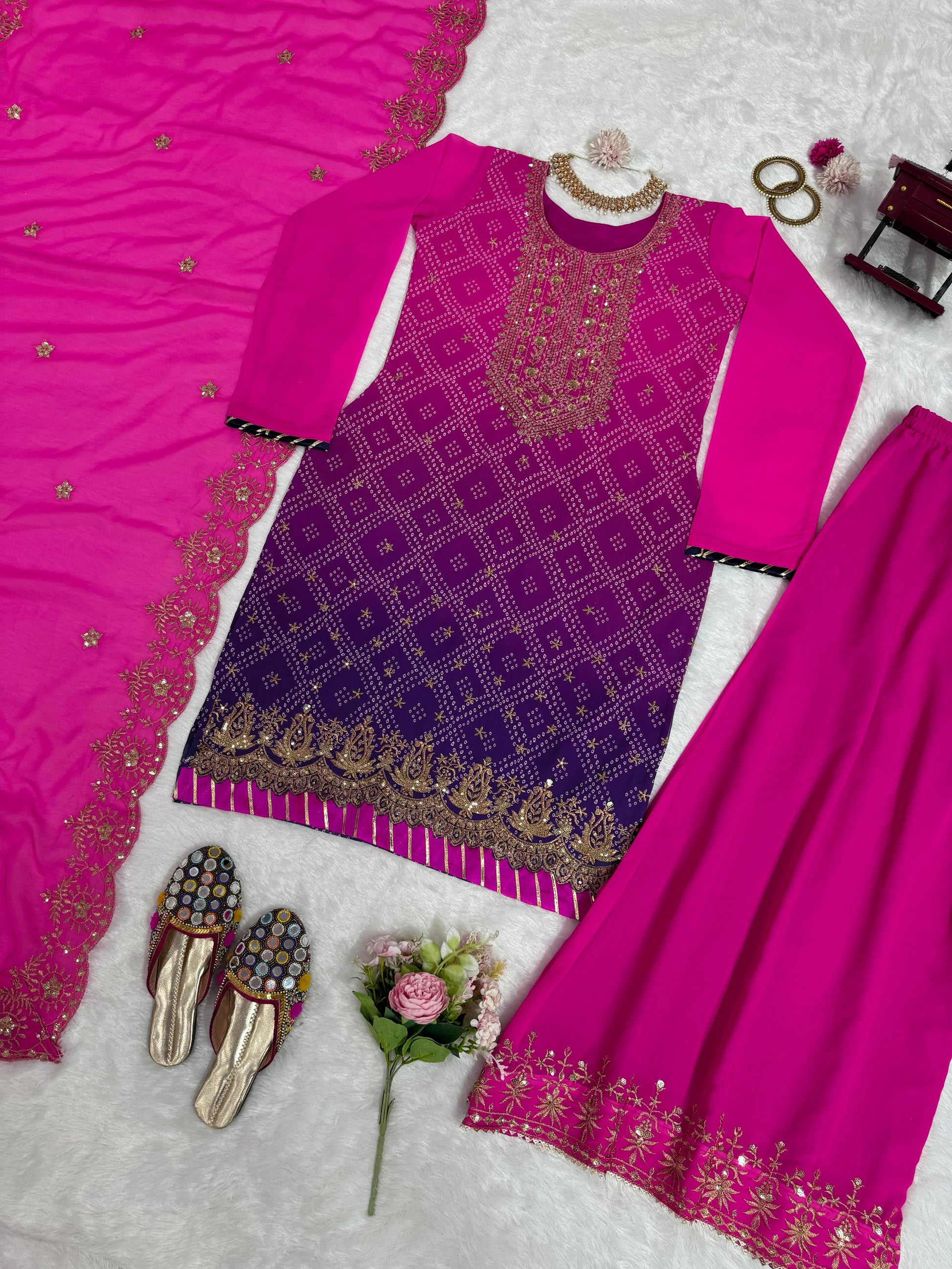 Ravishing bandhani Print Pink Double shade Palazzo Suit