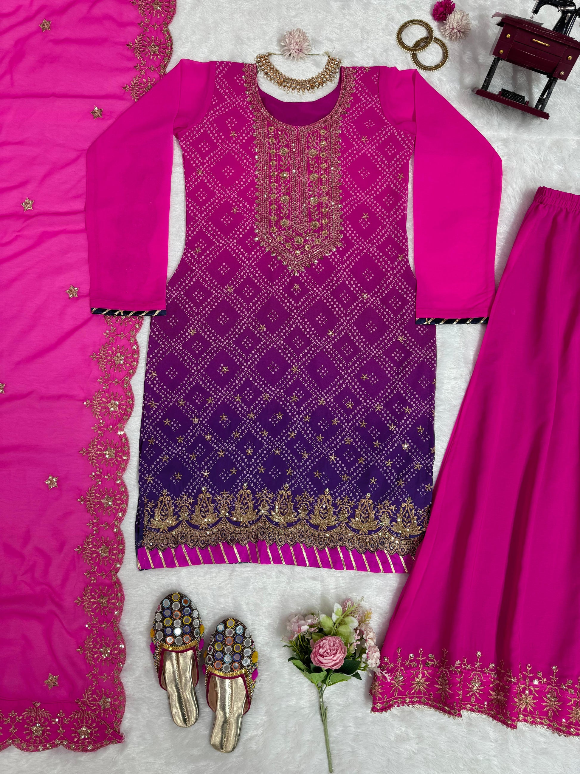 Ravishing bandhani Print Pink Double shade Palazzo Suit
