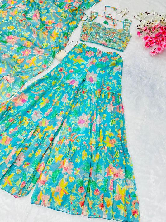 Organza Multi Printed Sky Blue Color Sharara Suit