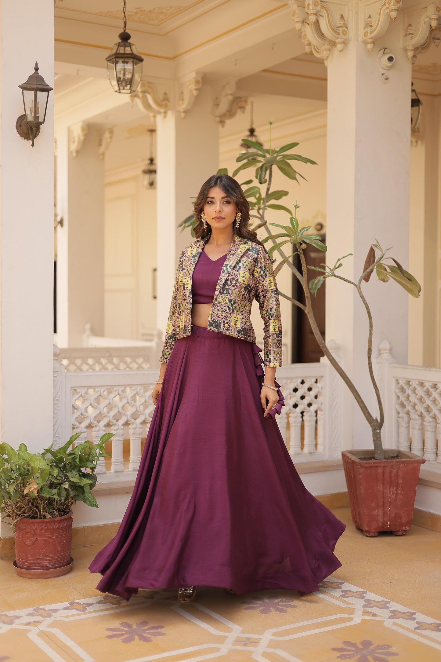Mesmerizing Wine Color Chinon Work Lehenga Choli With Koti