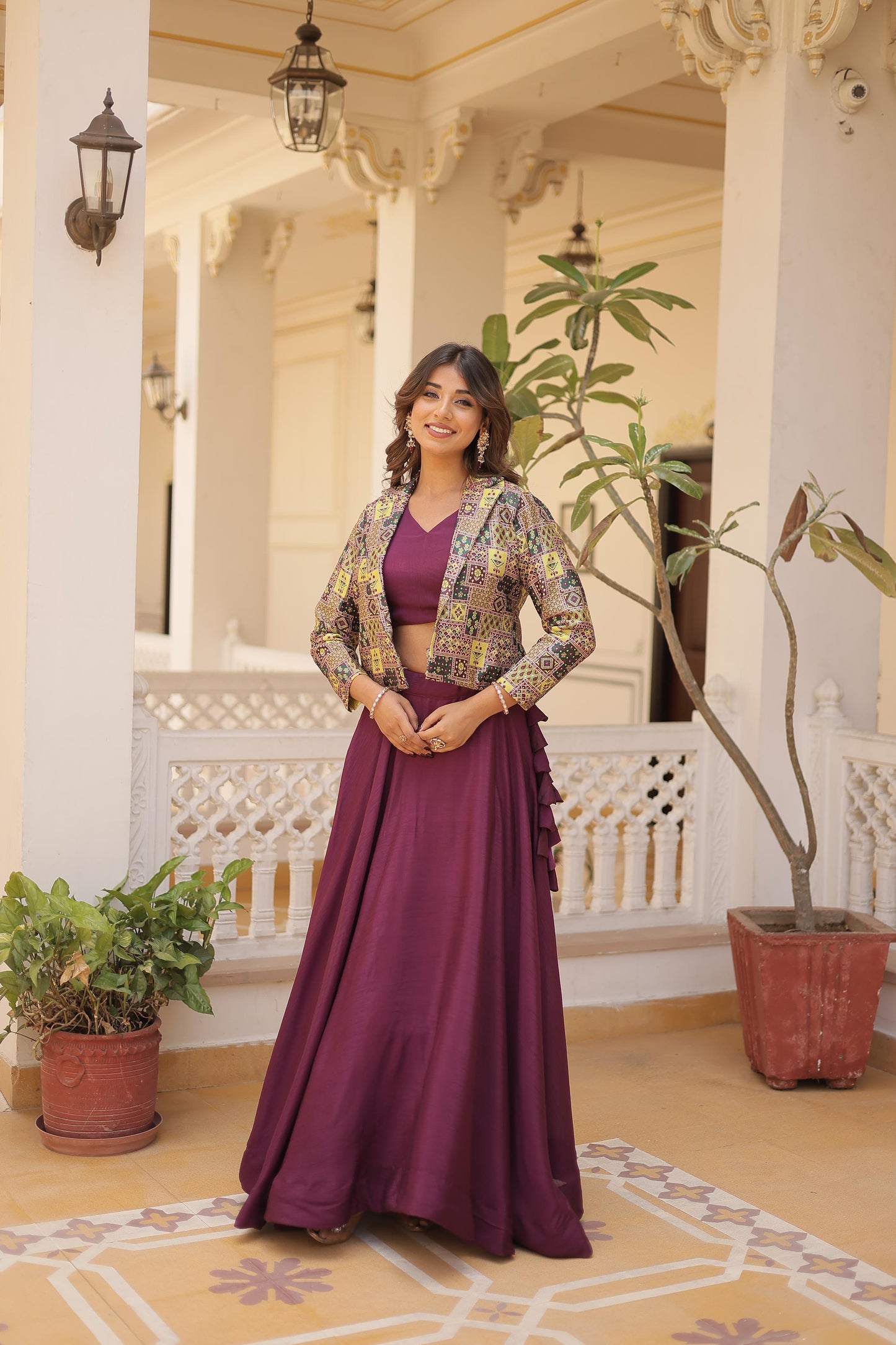 Mesmerizing Wine Color Chinon Work Lehenga Choli With Koti