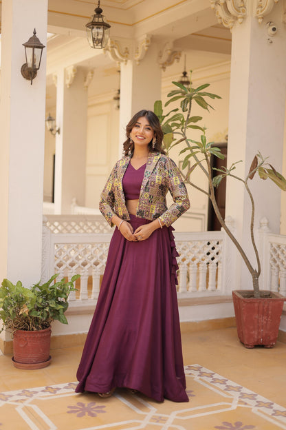 Mesmerizing Wine Color Chinon Work Lehenga Choli With Koti