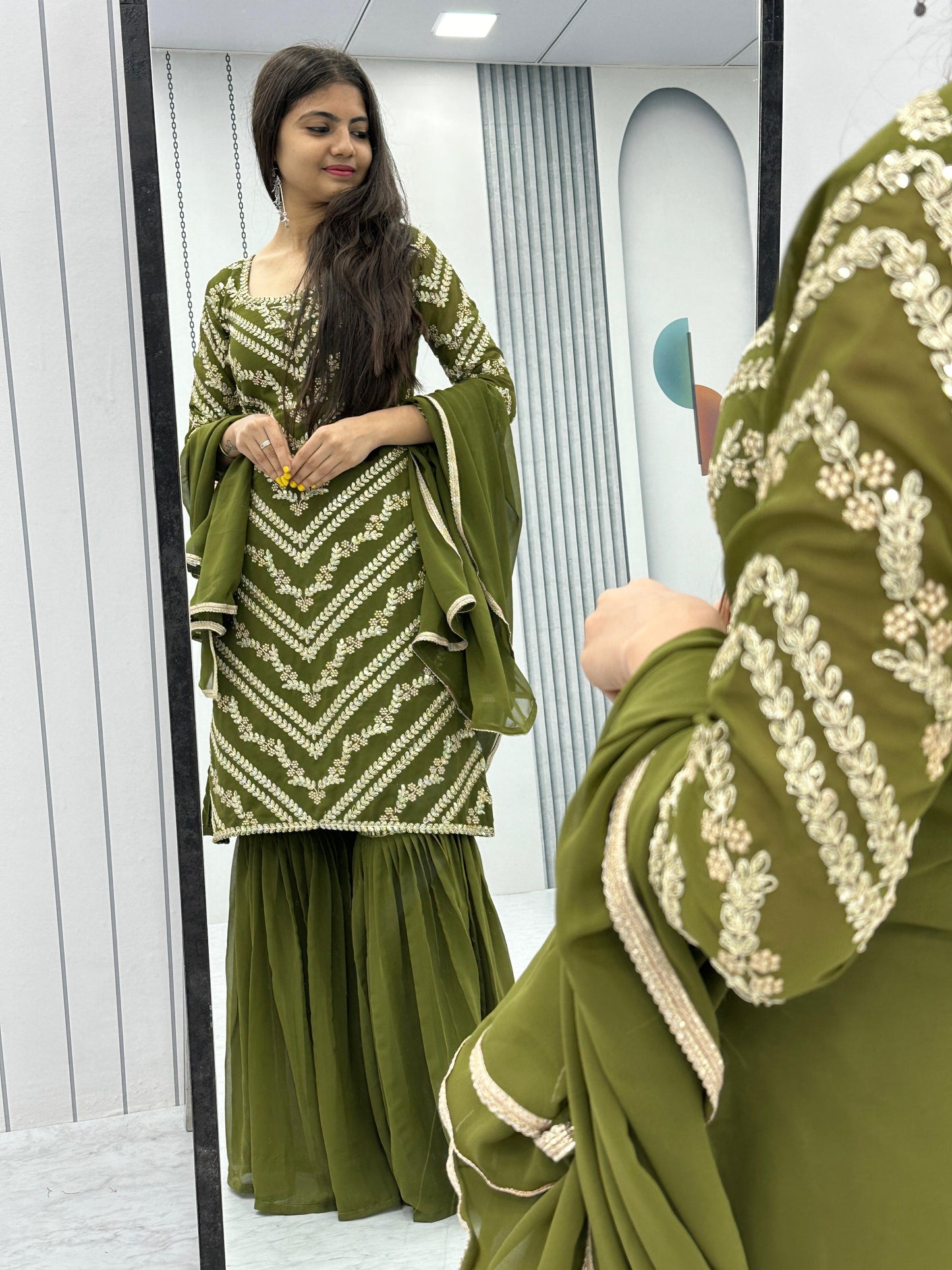 Engagement Wear Green Color Heavy Embroidery Sequence Work Sharara Suit