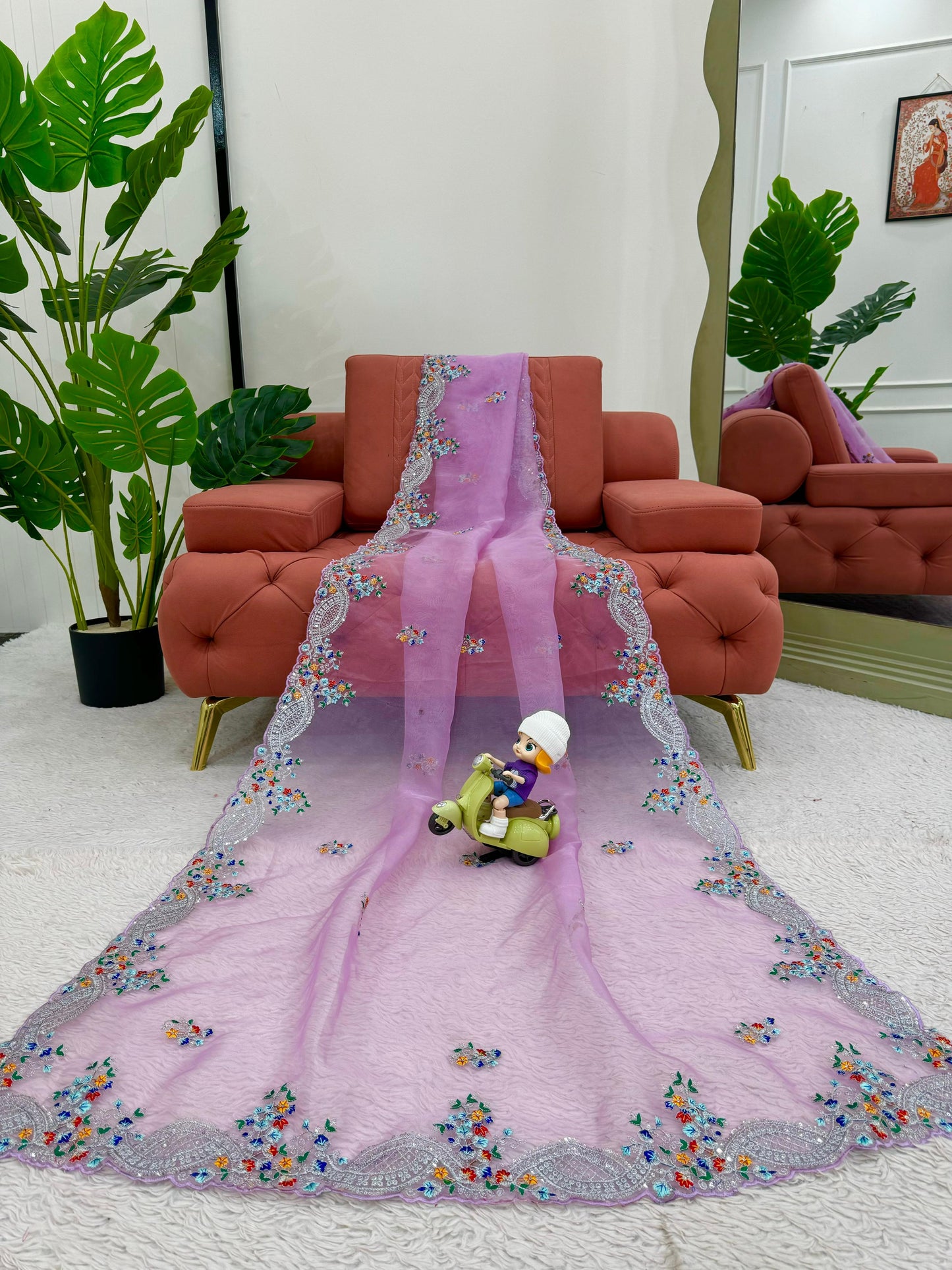 Beautiful Designer Purple Organza Silk Fabric With Thread Sequence Work Saree