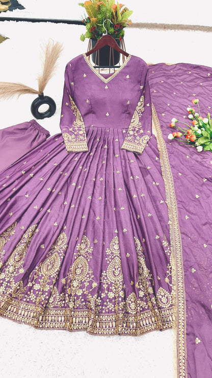 Fashionable Purple Color Heavy Embroidery Work With Sequence Work Designer Gown