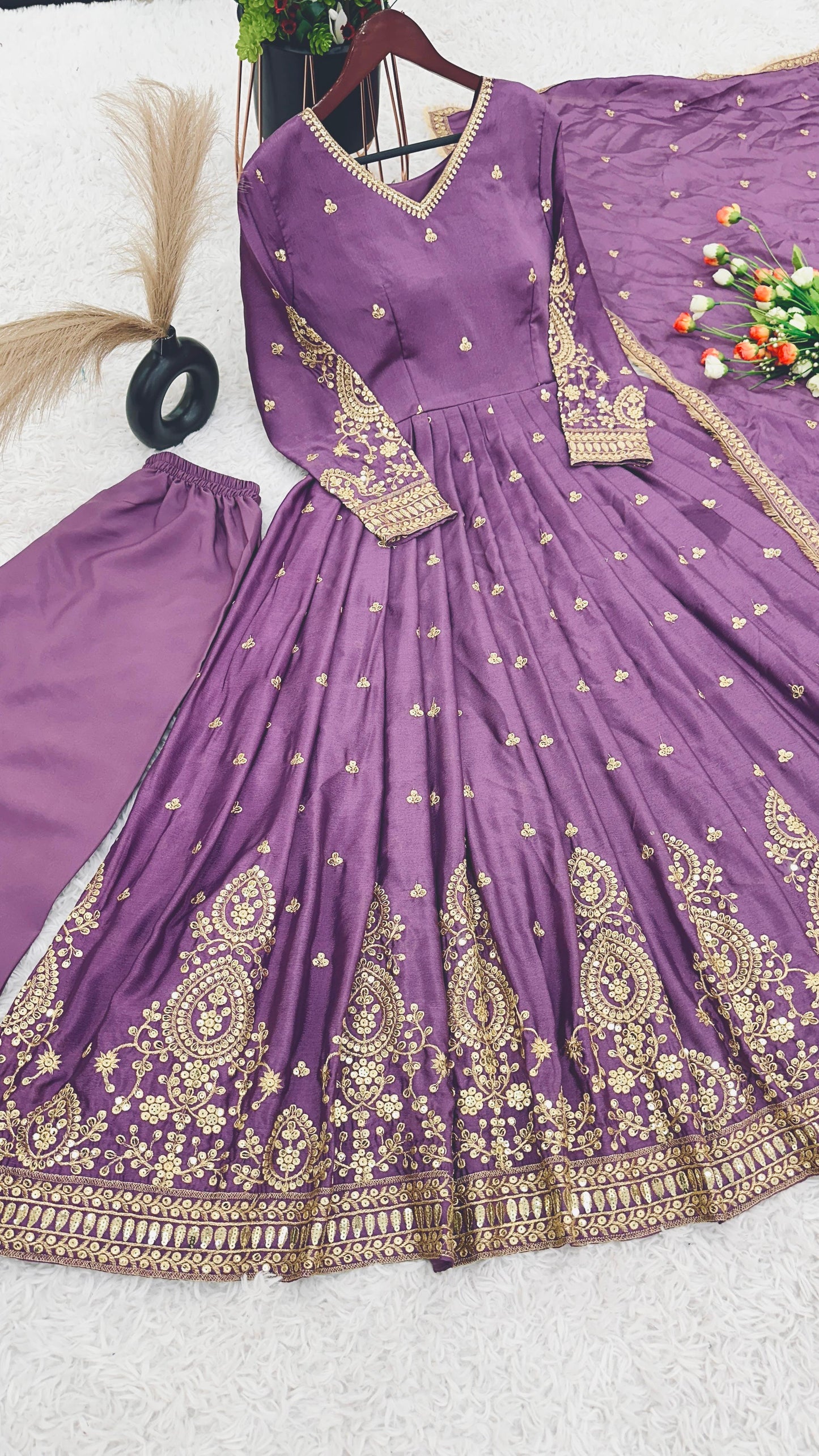 Fashionable Purple Color Heavy Embroidery Work With Sequence Work Designer Gown