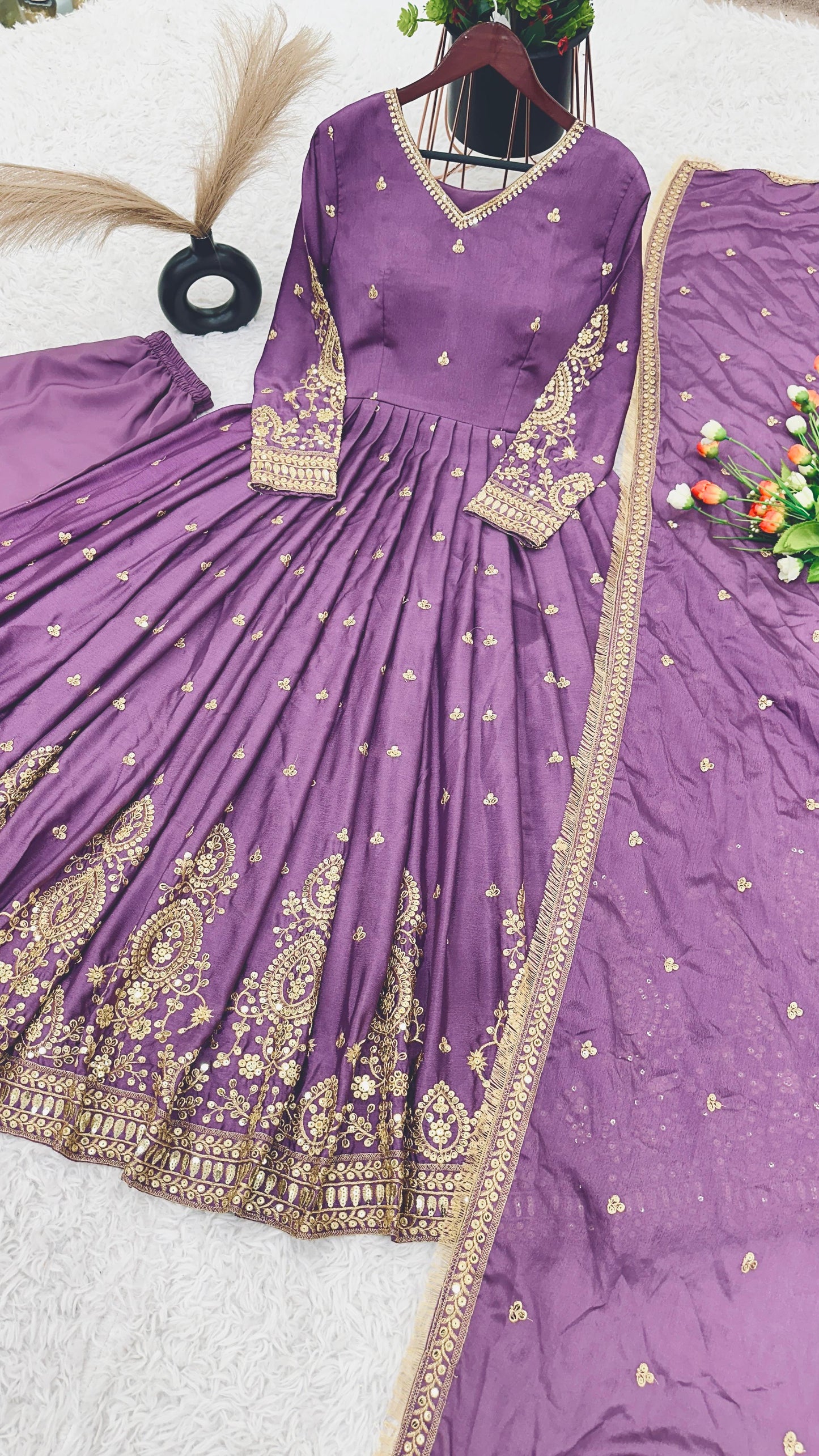 Fashionable Purple Color Heavy Embroidery Work With Sequence Work Designer Gown