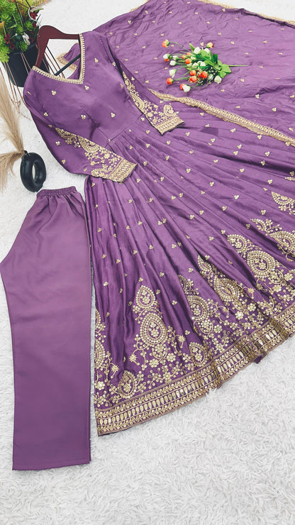 Fashionable Purple Color Heavy Embroidery Work With Sequence Work Designer Gown