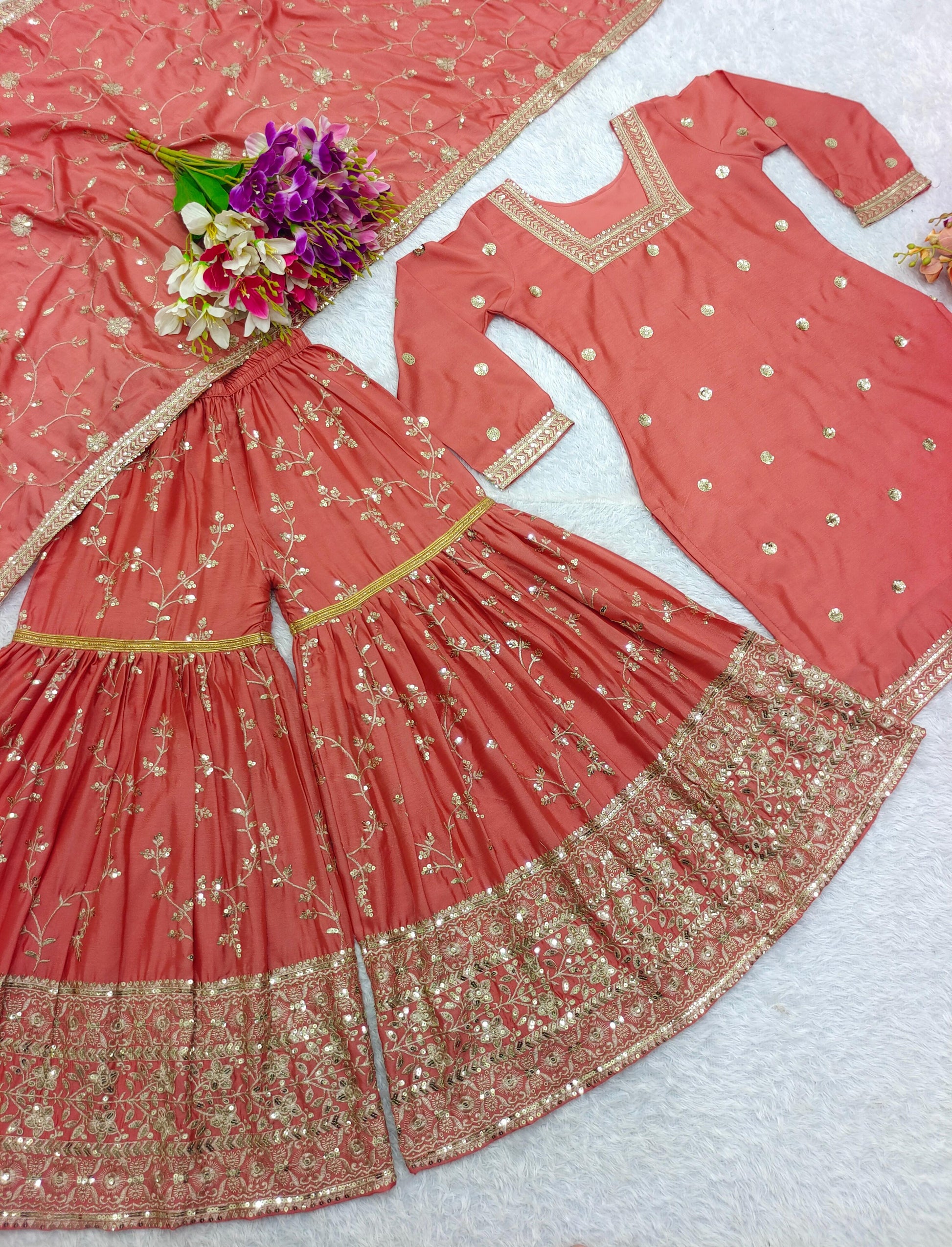 Function Wear Orange Color Heavy Work Sharara Suit