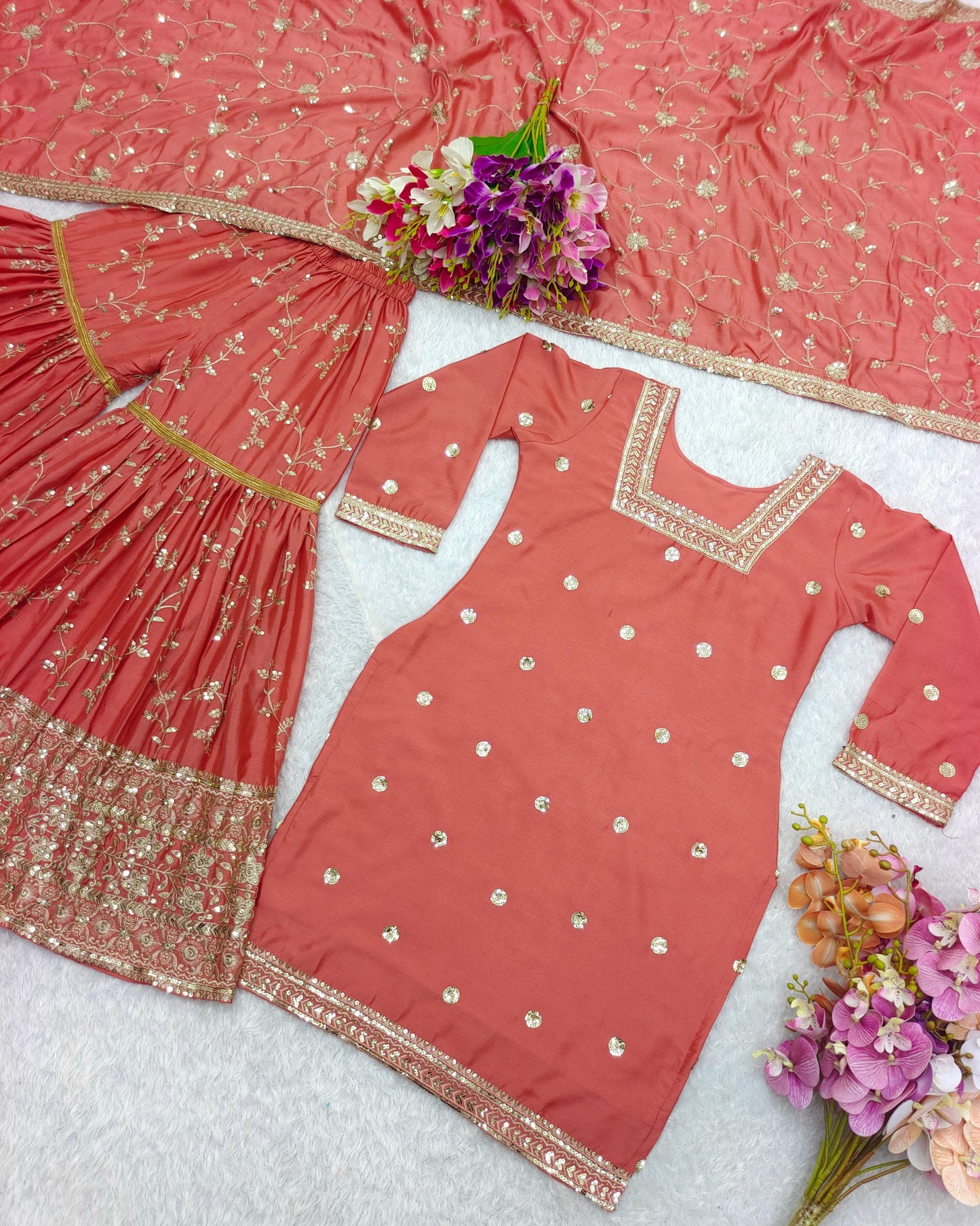 Function Wear Orange Color Heavy Work Sharara Suit