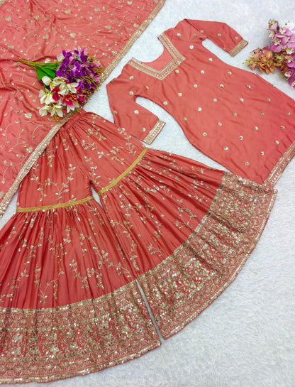 Function Wear Orange Color Heavy Work Sharara Suit