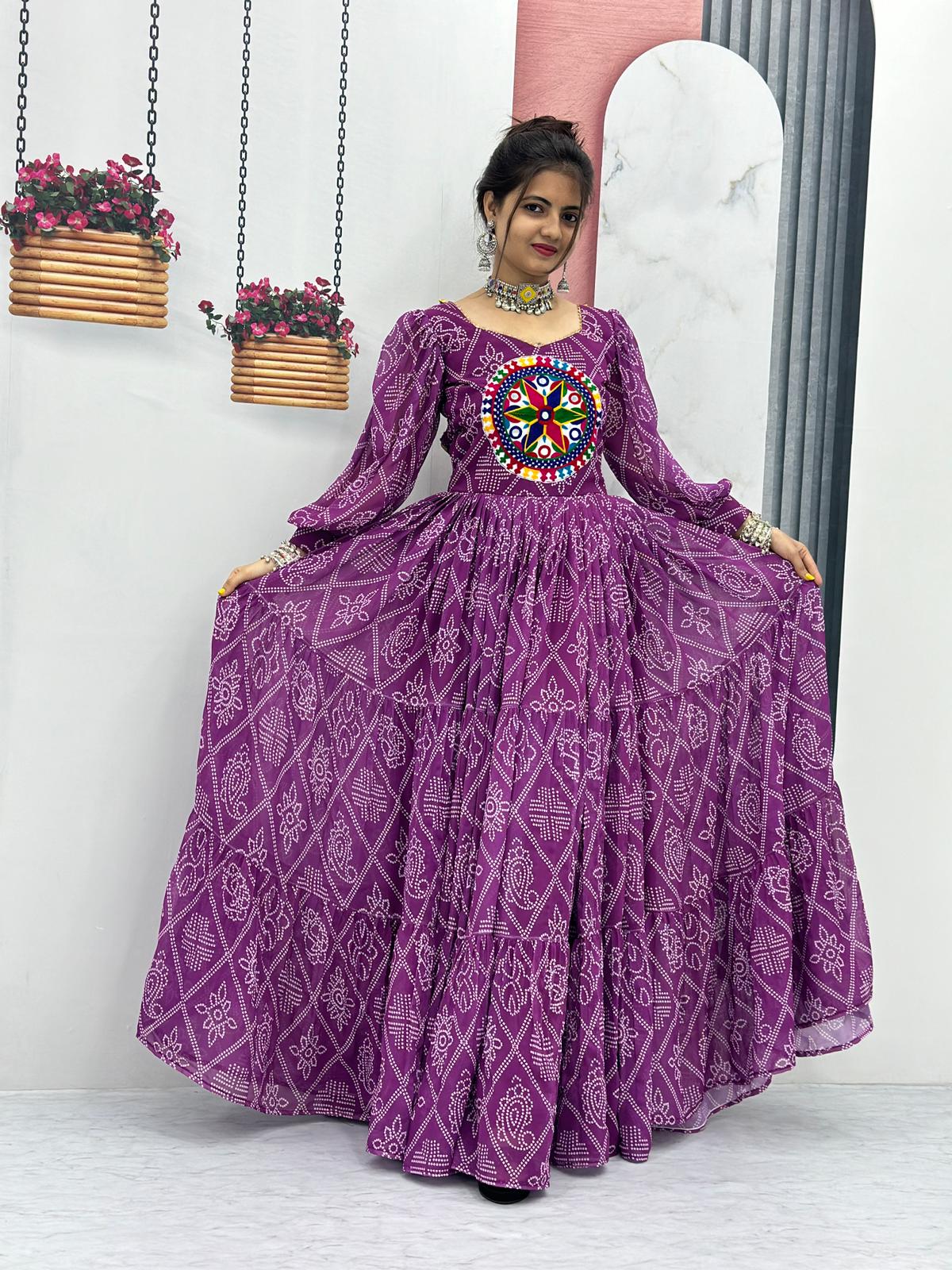 Bandhani Print Purple Color Gamthi Work Gown