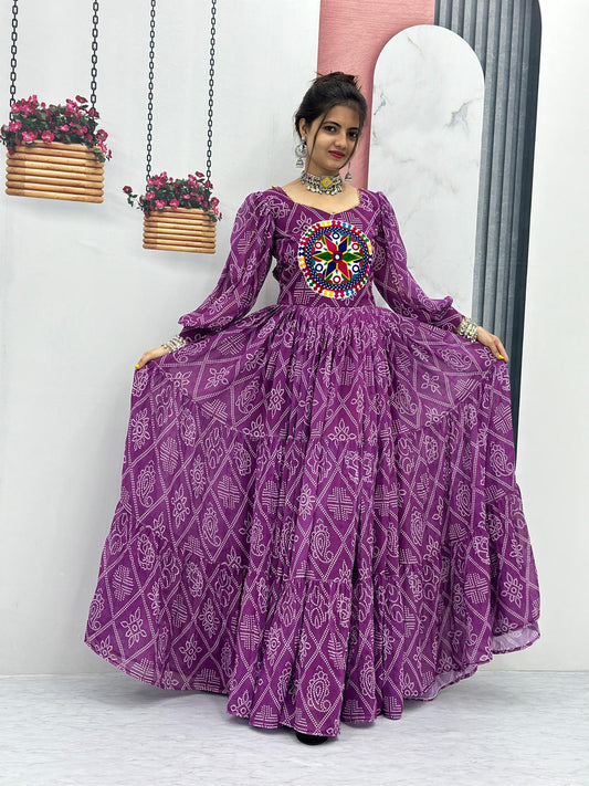 Bandhani Print Purple Color Gamthi Work Gown
