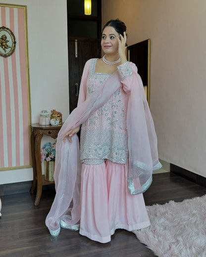Fabulous Peach Color Heavy Georgette With 5mm Sequence Embroidery Work Sharara Suit