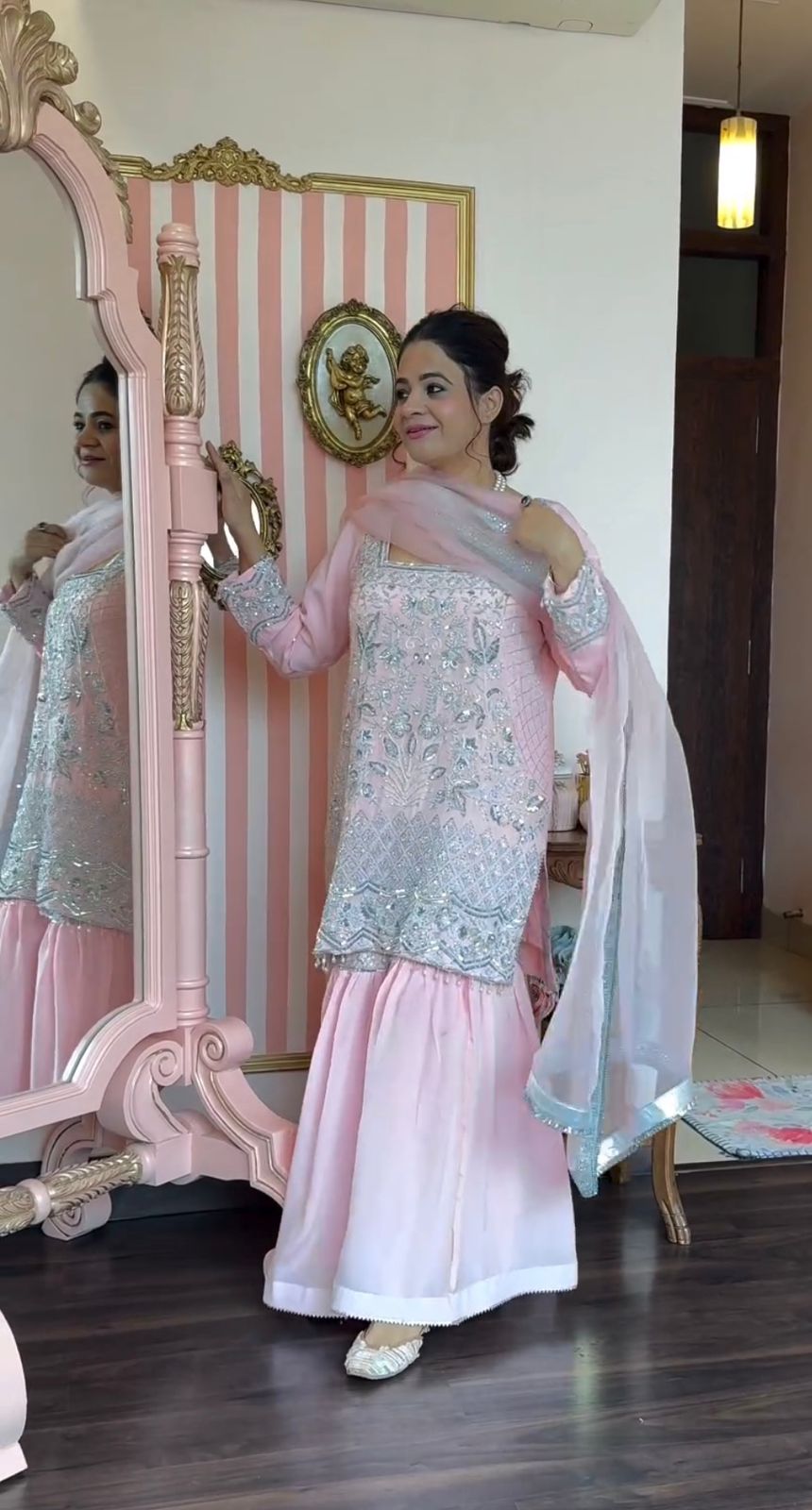 Fabulous Peach Color Heavy Georgette With 5mm Sequence Embroidery Work Sharara Suit