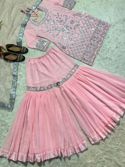 Fabulous Peach Color Heavy Georgette With 5mm Sequence Embroidery Work Sharara Suit