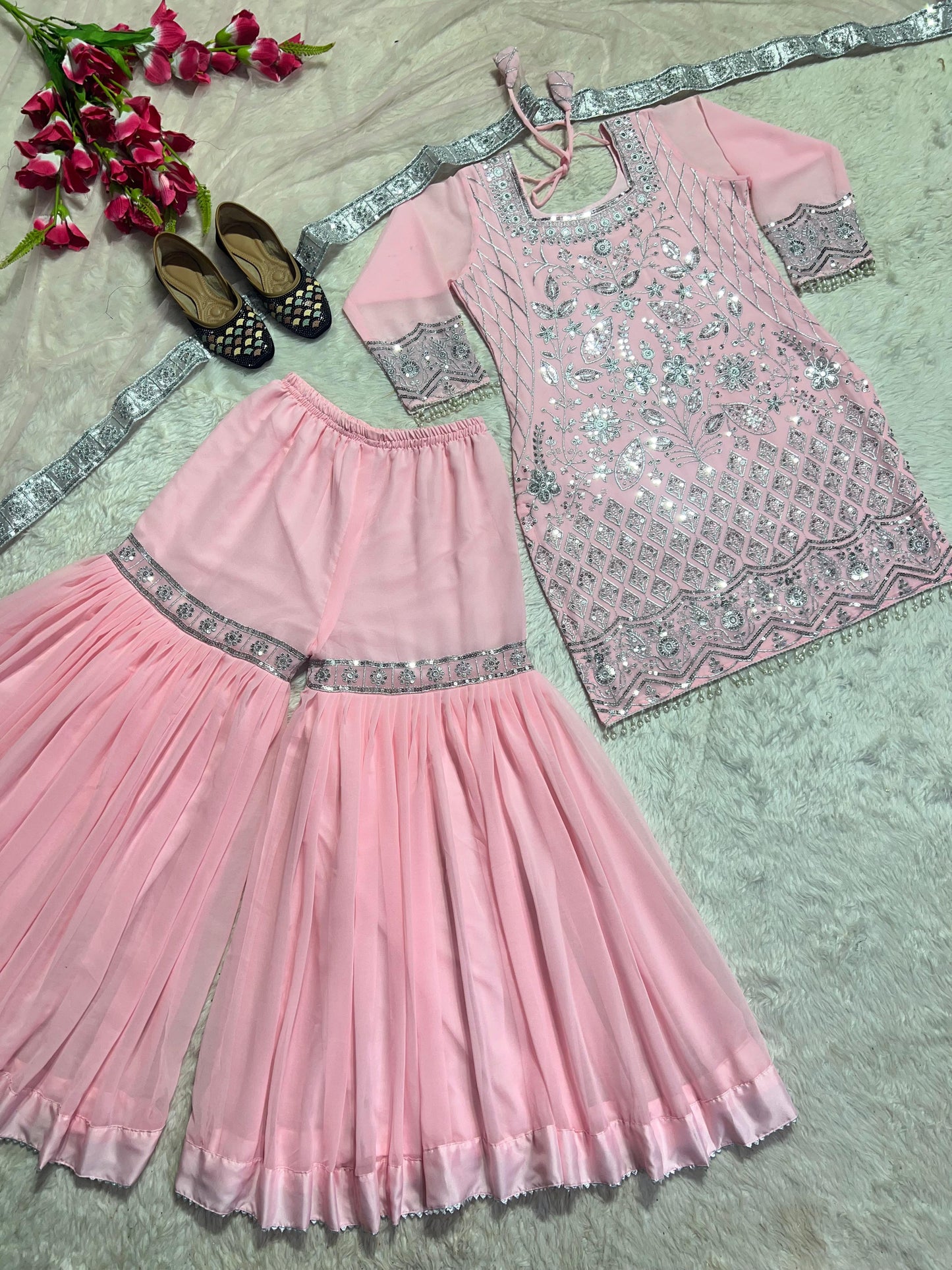 Fabulous Peach Color Heavy Georgette With 5mm Sequence Embroidery Work Sharara Suit