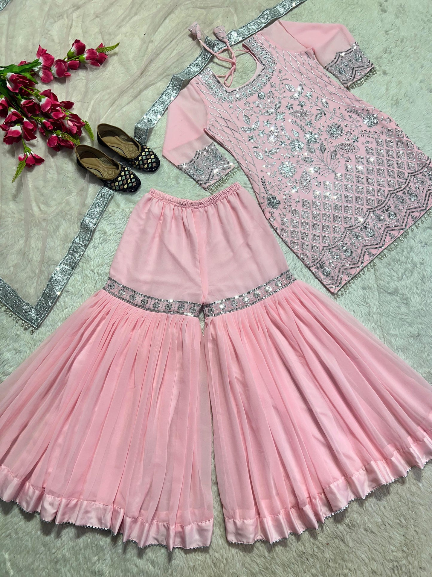 Fabulous Peach Color Heavy Georgette With 5mm Sequence Embroidery Work Sharara Suit